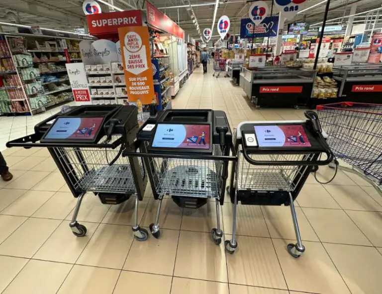 Self-service shopping trolleys in store