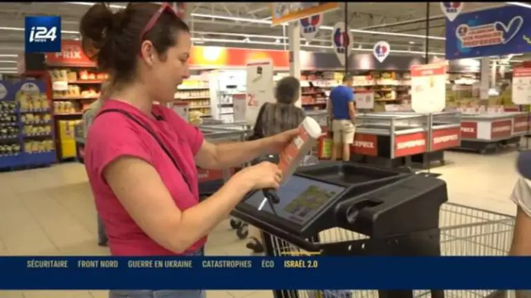 Shopping in a supermarket aisle.