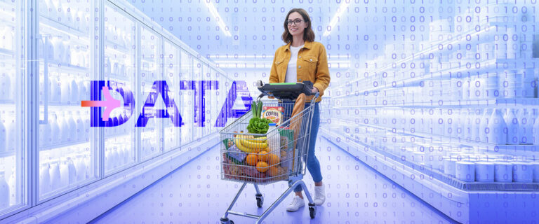 Person shopping in a futuristic supermarket.